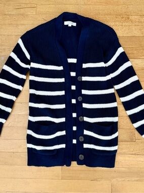 LOFT Navy and White Striped Button-Front Cardigan